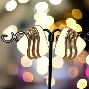 Vintage Heavy Gold Tone and Cream Colored Enamel Earrings!